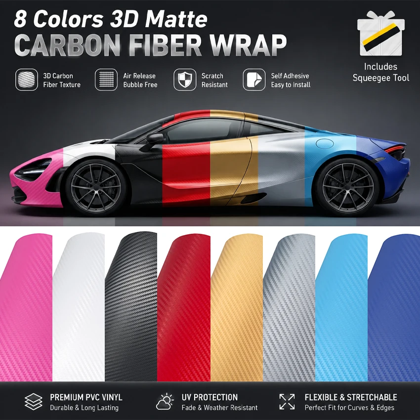 30x100/150/200cm 3D Matte White Carbon Fiber Wrap Film Self Adhesive PVC Vinyl Sticker for Car Hood Roof Mirror Motorcycle