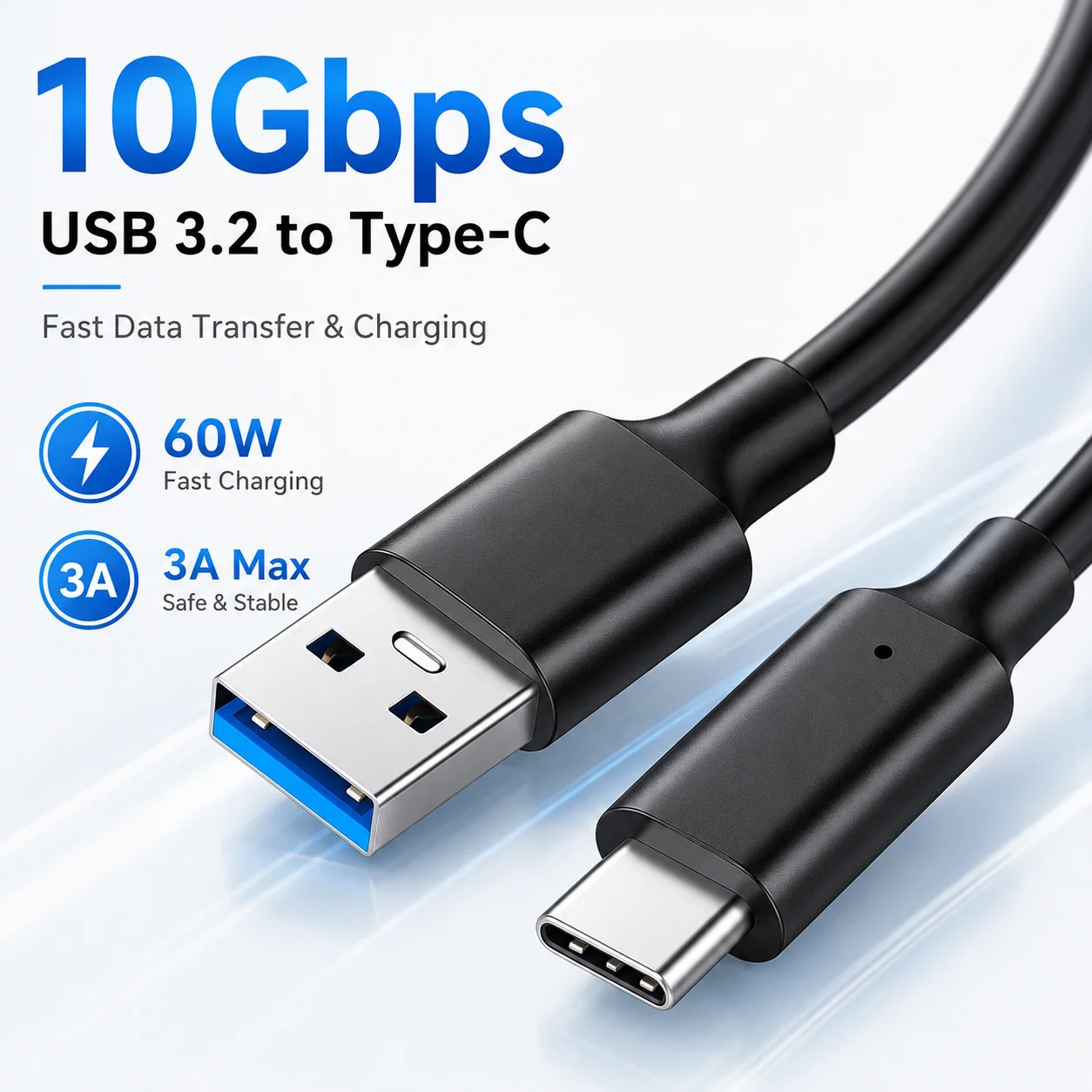 USB 3.2 zu Typ-C Kabel 10Gbps Schnelle Datenübertragung 60W 3A Laden Langlebiges PVC-Kabel für Laptop Handy Tablet Festplatte Schwarz