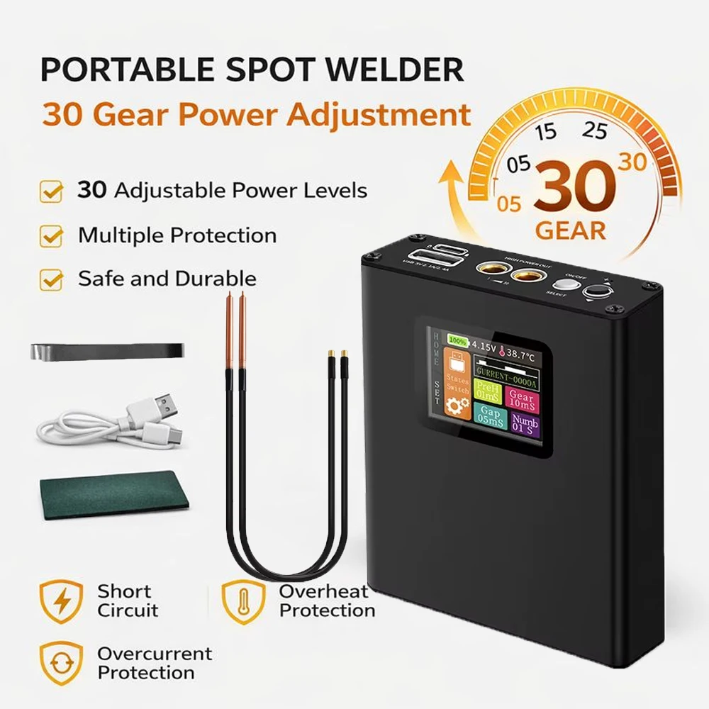 

Portable 30-Speed Spot Welder With Digital Color Screen, Li-ion Battery, Welds 0.1-0.25mm 18650 Cells