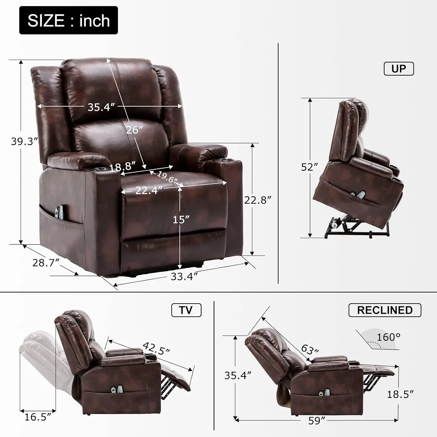 Comhoma Power Lift Recliner for Elderly, Lift Chair with Heat and Massage, Pu Recliner Sofa with Cup Holder