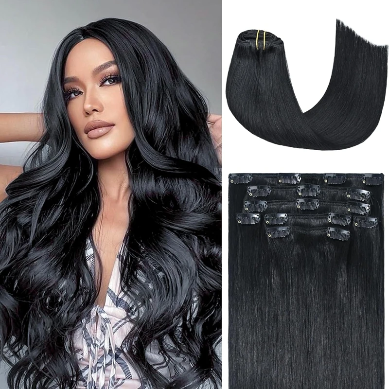 Straight Human Hair Clip in Hair Extensions 100% Unprocessed Full Head Brazilian Virgin Hair 120 Gram Natural Black 1B 16-26inch