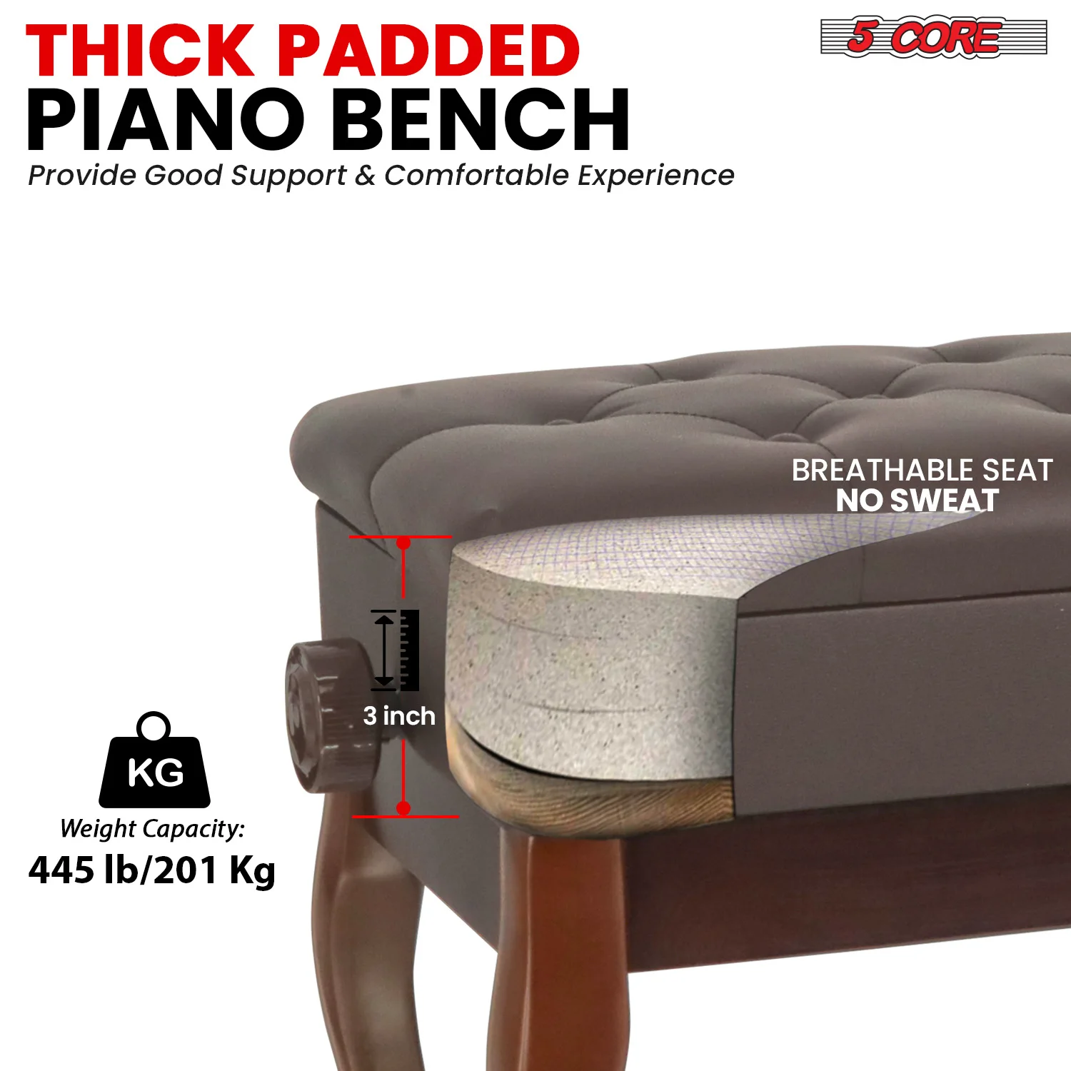 5 Core Piano Bench with Storage Wooden Adjustable Keyboard Stool Heavy Duty Padded Cushioned Seat PNB WD HD BR view 2