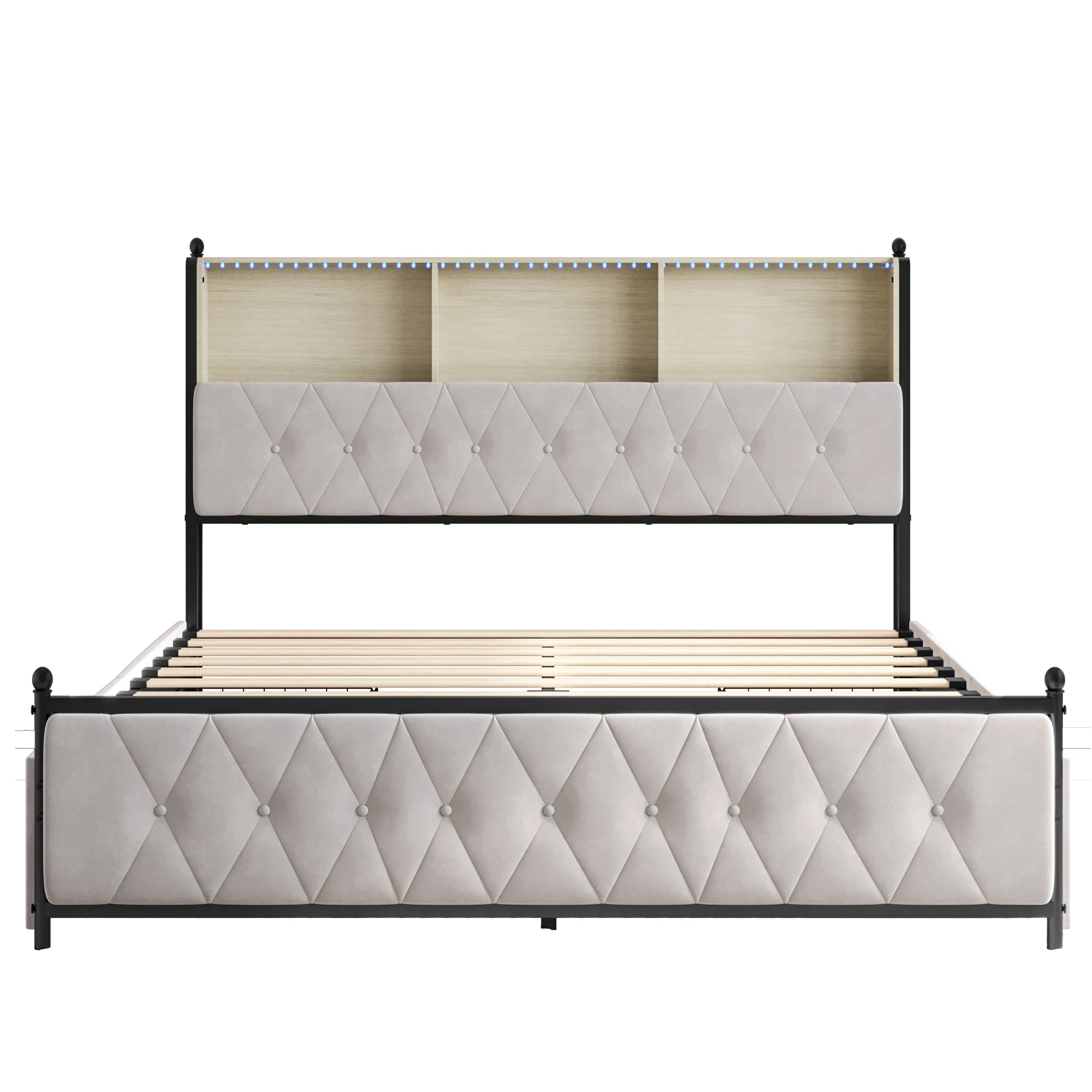 160x200cm tweepersoonsbed, opbergbed, hoofdeinde met LED-stripverlichting, vier opberglades onder het bed, beige, fluwelen afwerking