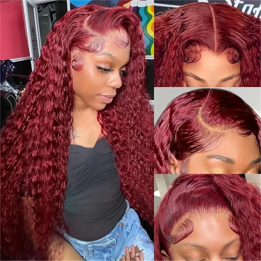 Perruque Lace Front Wig Deep Wave Brésilienne Naturelle, Cheveux Bouclés, Couleur Bordeaux, 13x6, 30 Pouces, pour Femme