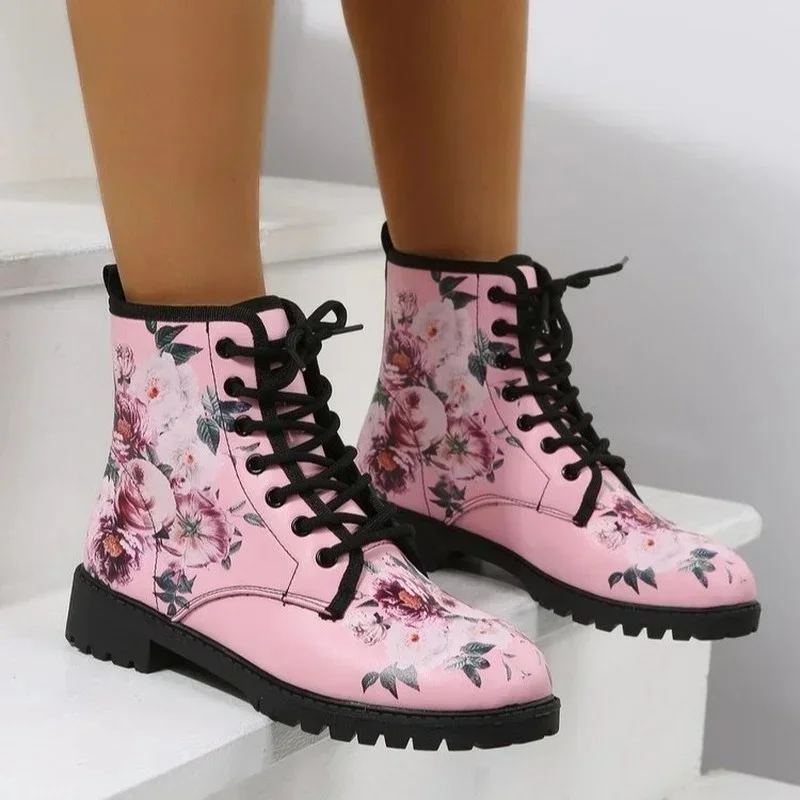 Comemore printemps 2025 bottes bout en cuir à lacets mi-tube plat bottes en cuir rose mode femmes bottes à talons bas chaussures grande taille 46