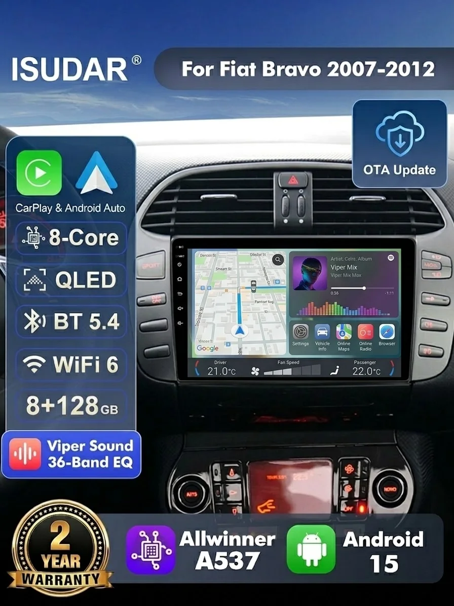 ISUDAR T57 Android 15 Radio For Fiat Bravo 2007 -2012 Multimedia Player CarPlay Android Auto Head Unit Camera WIF QLED 8 core