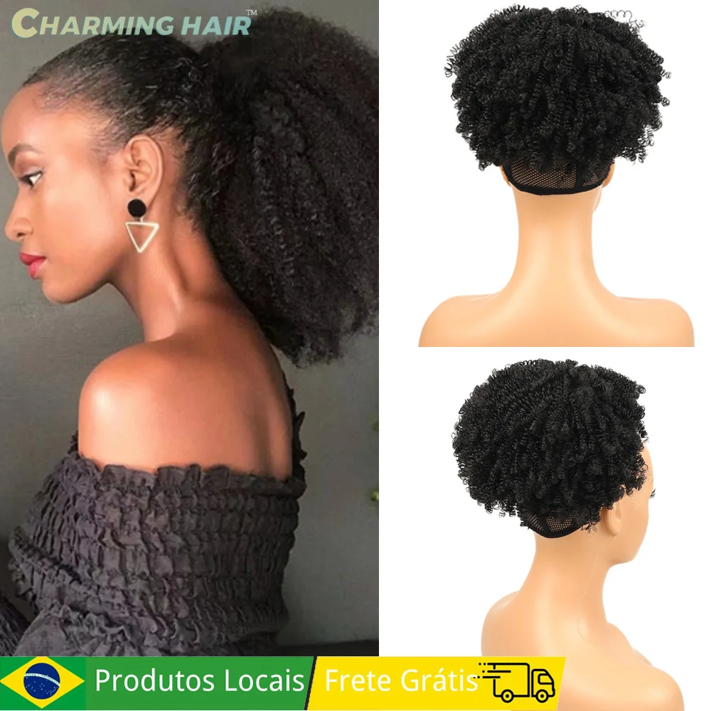Afro Puff Aplique Coque Cacheado Kinky Cabelo Fibra Orgânica Cordão Preto Natural Para Feminina Cabelo