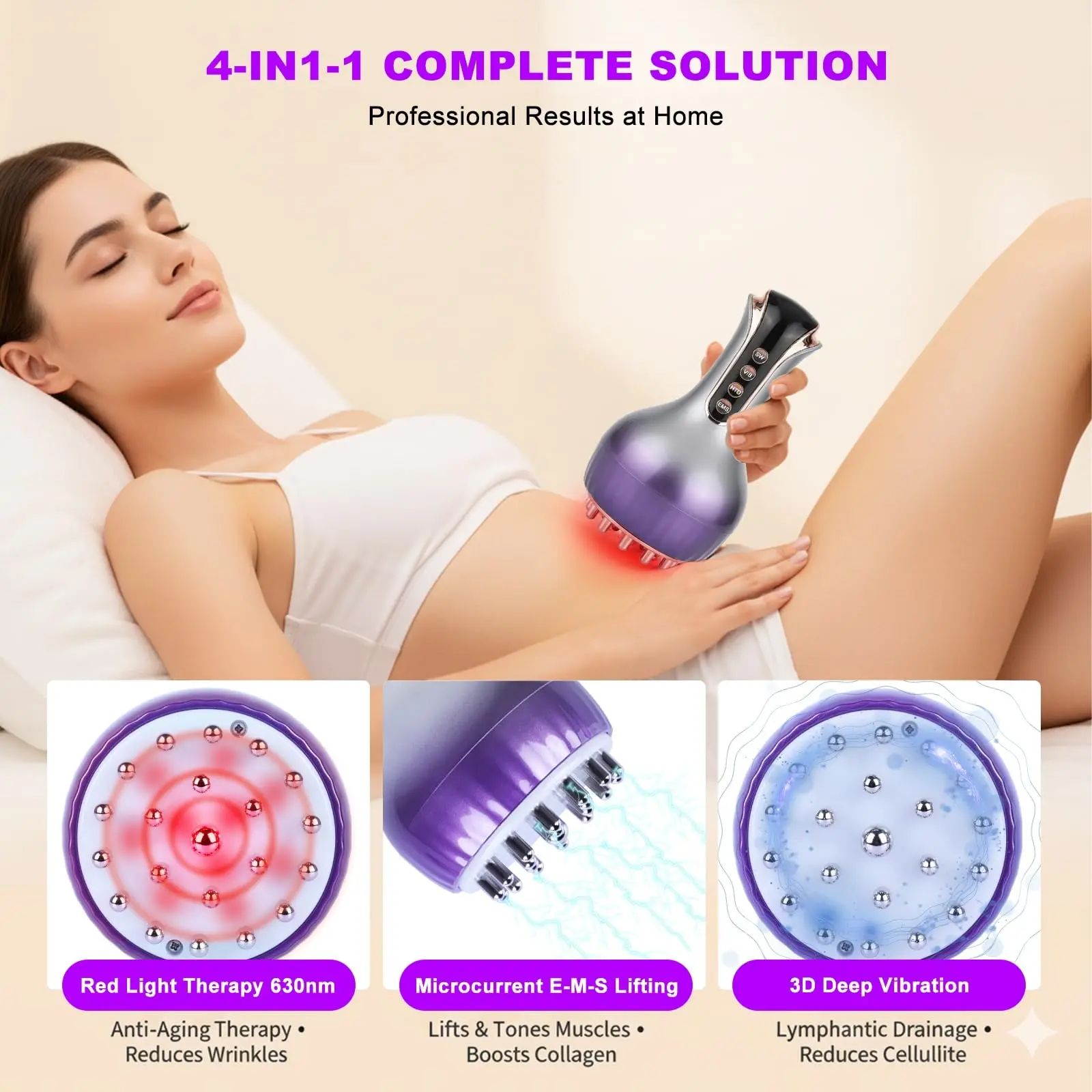 Electric Cellulite Massager Body Sculpting Machine Lymphatic Drainage Meridian Brush Microcurrent Heating Vibration Slimming Skin Tightening Weight Loss Device Detox Anti-Cellulite Muscle Relax Massager Neck Back Waist Leg Belly Shaper Cordless