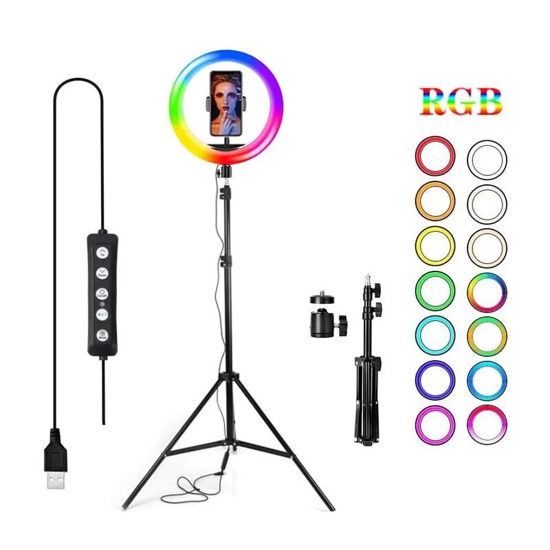 RGB ring light LED 26cm Multicolor, photography light hoop with tripod, mobile stand and 360 ° adjustable pole Selfie video Youtube