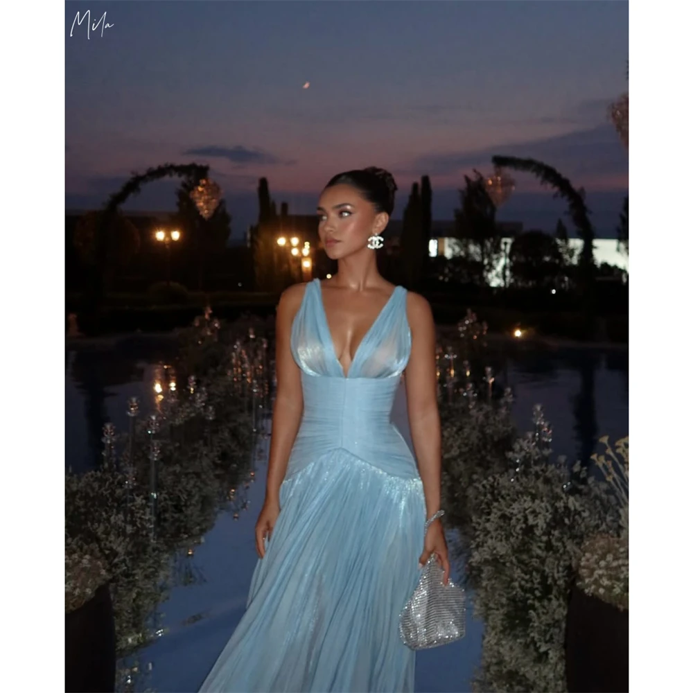

Mila Customized V-Neck A-line Sky Blue Pleated Split Prom Dress Sleeveless Corset Formal Evening Floor-Length Vestidos De Fiesta
