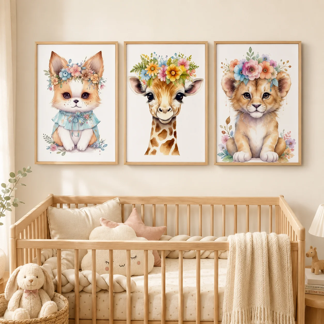

Nursery Animal Wall Art, Cute Flower Lion Bear Fox Canvas Painting, Plant Crown Posters Prints for Baby Kids Bedroom Decor