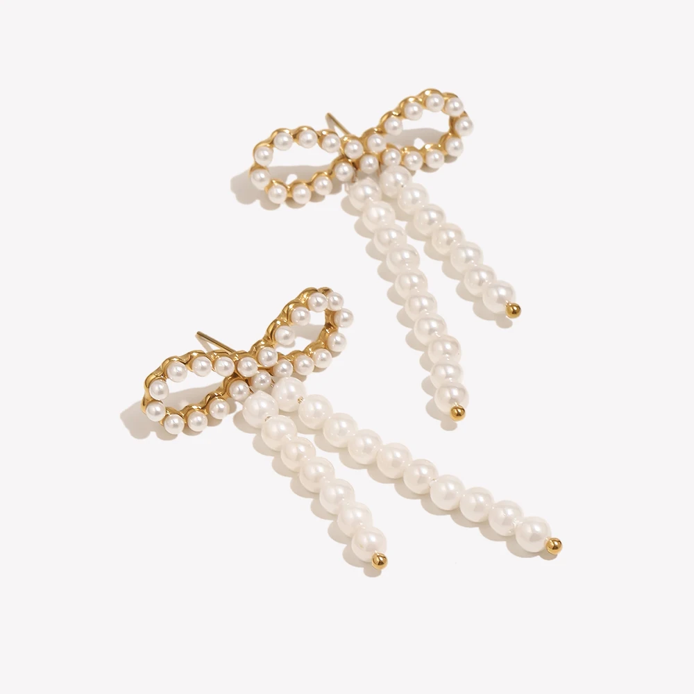 E.B.belle Imitation Pearl Bowknot Stud Earring Elegant Women 18K Gold Plated Stainless Steel Waterproof Ear Jewelry Accessories
