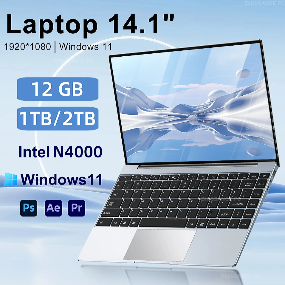 Ordinateur portable professionnel Windows 11 Pro, Intel Celeron N4000, 12 Go DDR4, 1 To, 2 To SSD, 2025x14.1 p, PC 4K, 1920 pouces, 1080