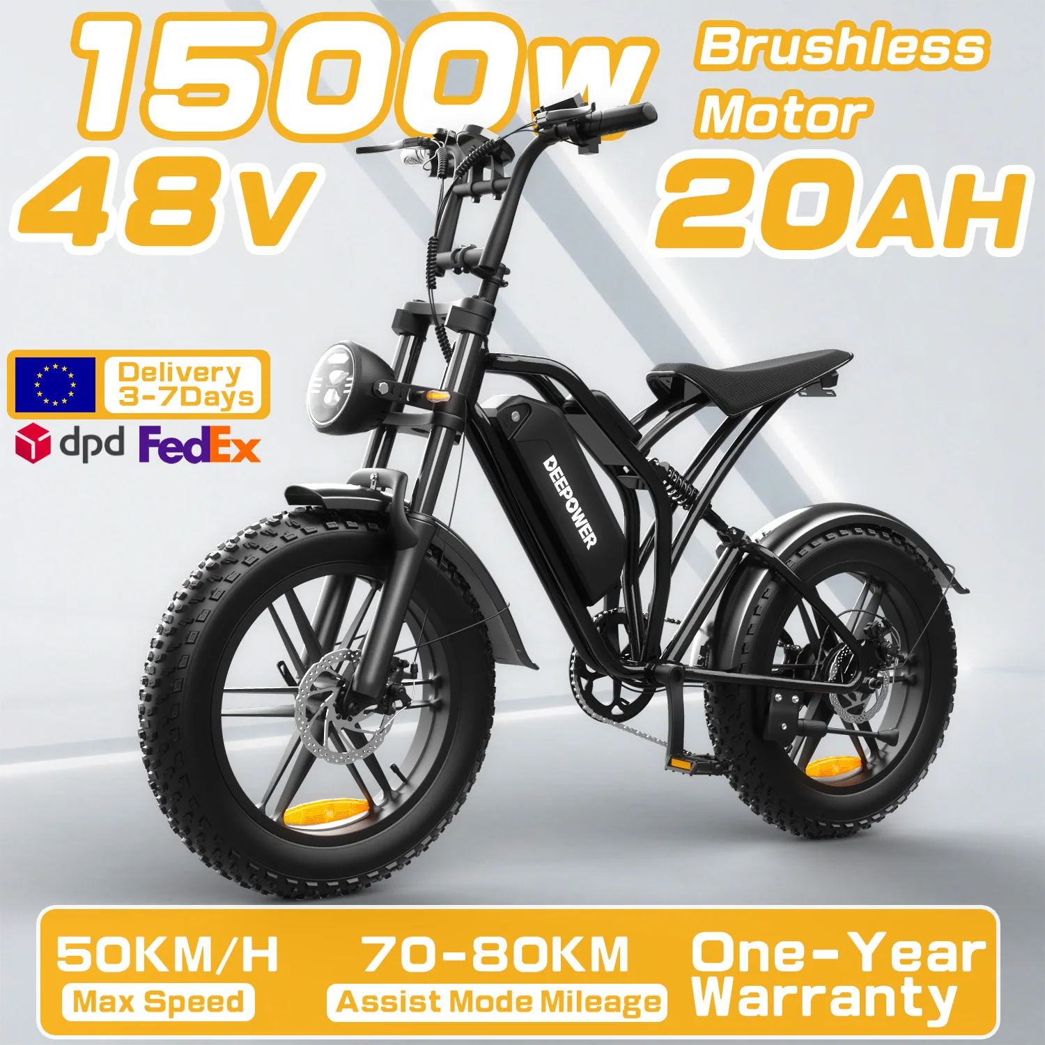 DEEPOWER S20 Adults Off-Road Electric Bike 1500W motor 48V 20AH lithium battery LED Display All-Terrain 20-inch Motorcycle Ebike