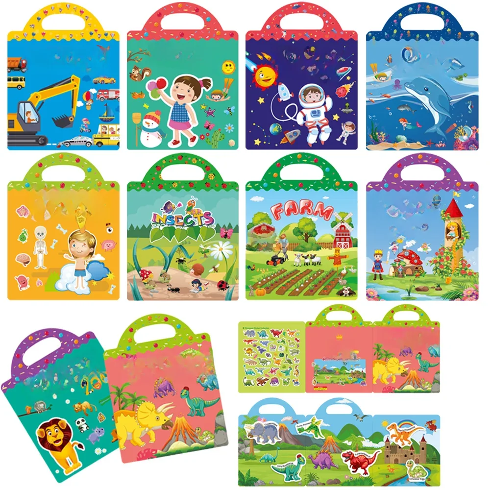 Cena dos desenhos animados reutilizáveis adesivos, Quebra-cabeça mão DIY, Livros de adesivos, Animal