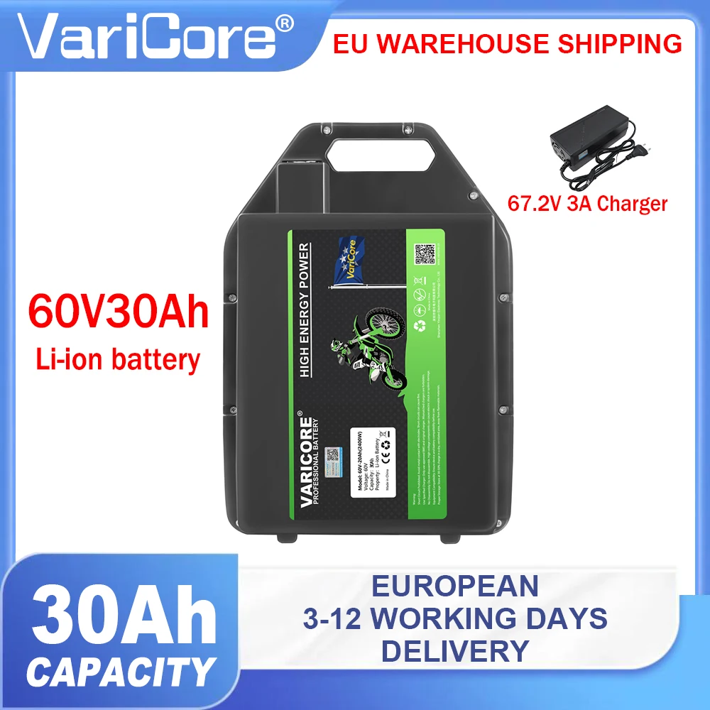 Batteria al litio 60V 30Ah VariCore, pacco batterie ricaricabile agli ioni di litio con sistema BMS e blocco antifurto per scooter elettrici e motocicli elettrici, spedizione da magazzino UE.