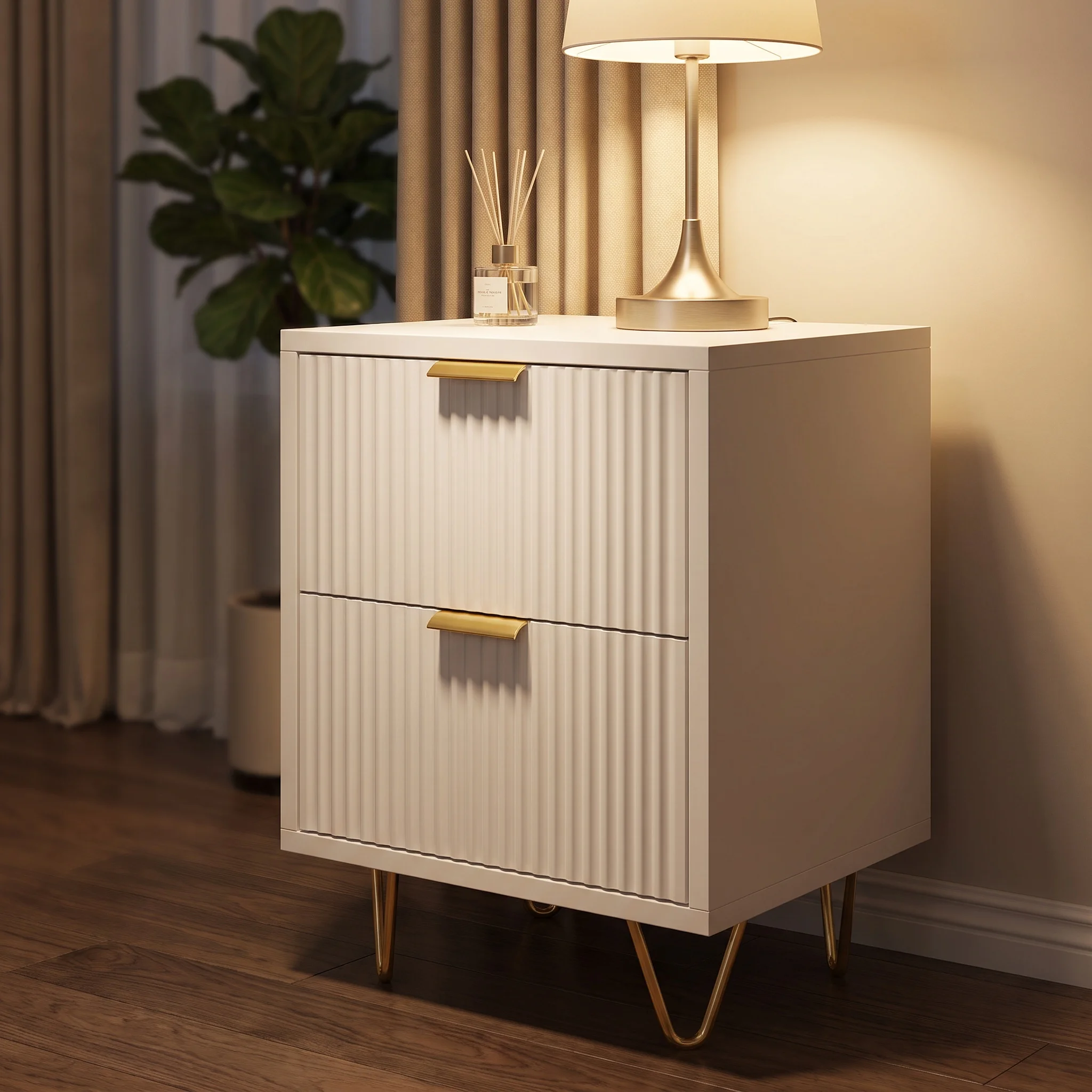 Table de chevet Comanlai, lot de 2, table de chevet avec 2 tiroirs et pieds en métal, armoire de rangement pour chambre à coucher, salon, blanc