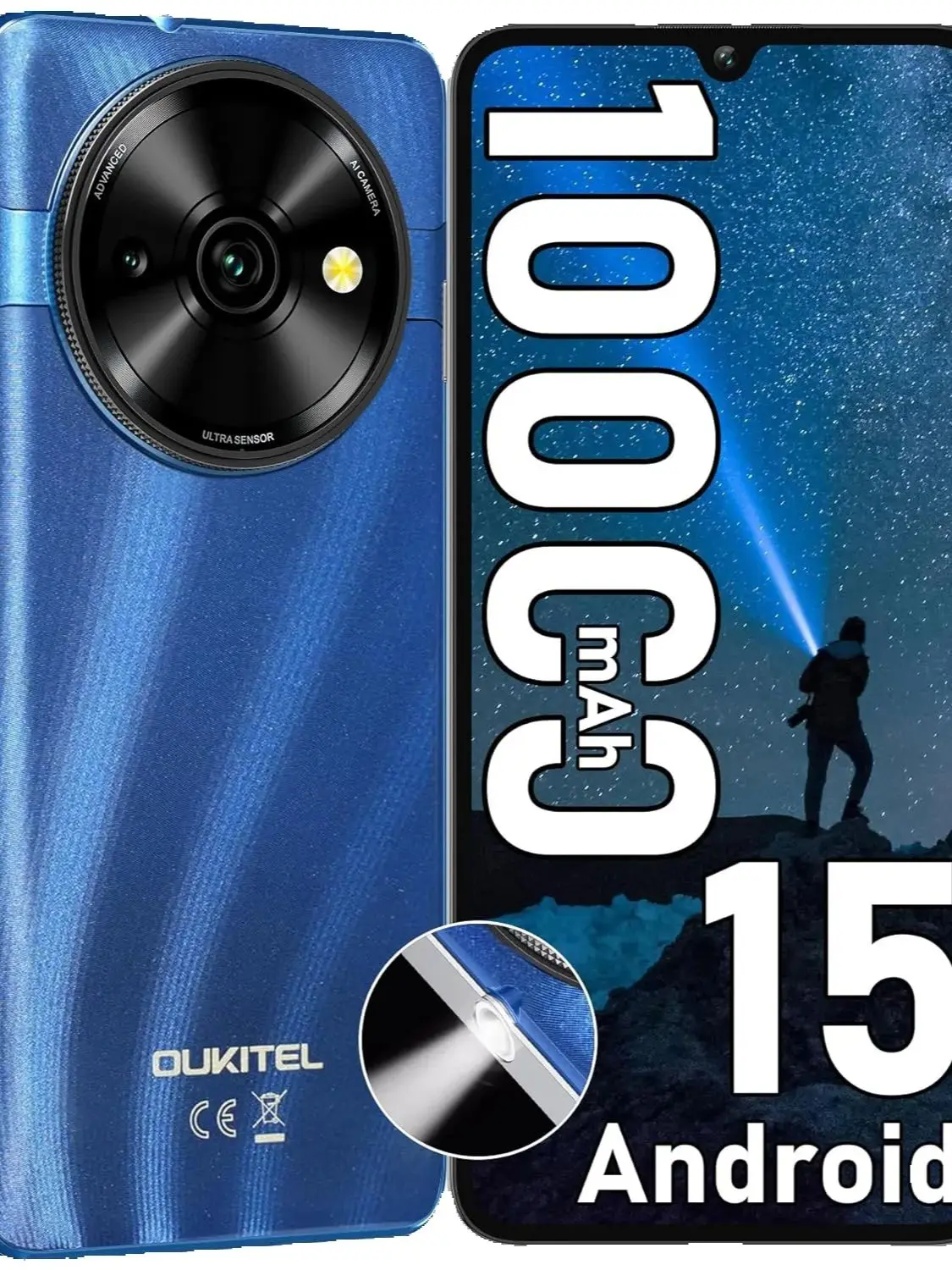 OUKITEL C59 Android 15 Smartphone, Entsperrt, 2025-10000mAh Akku, 16GB +128GB/TF 1TB, 6,88'' Display, 120LM Taschenlampe