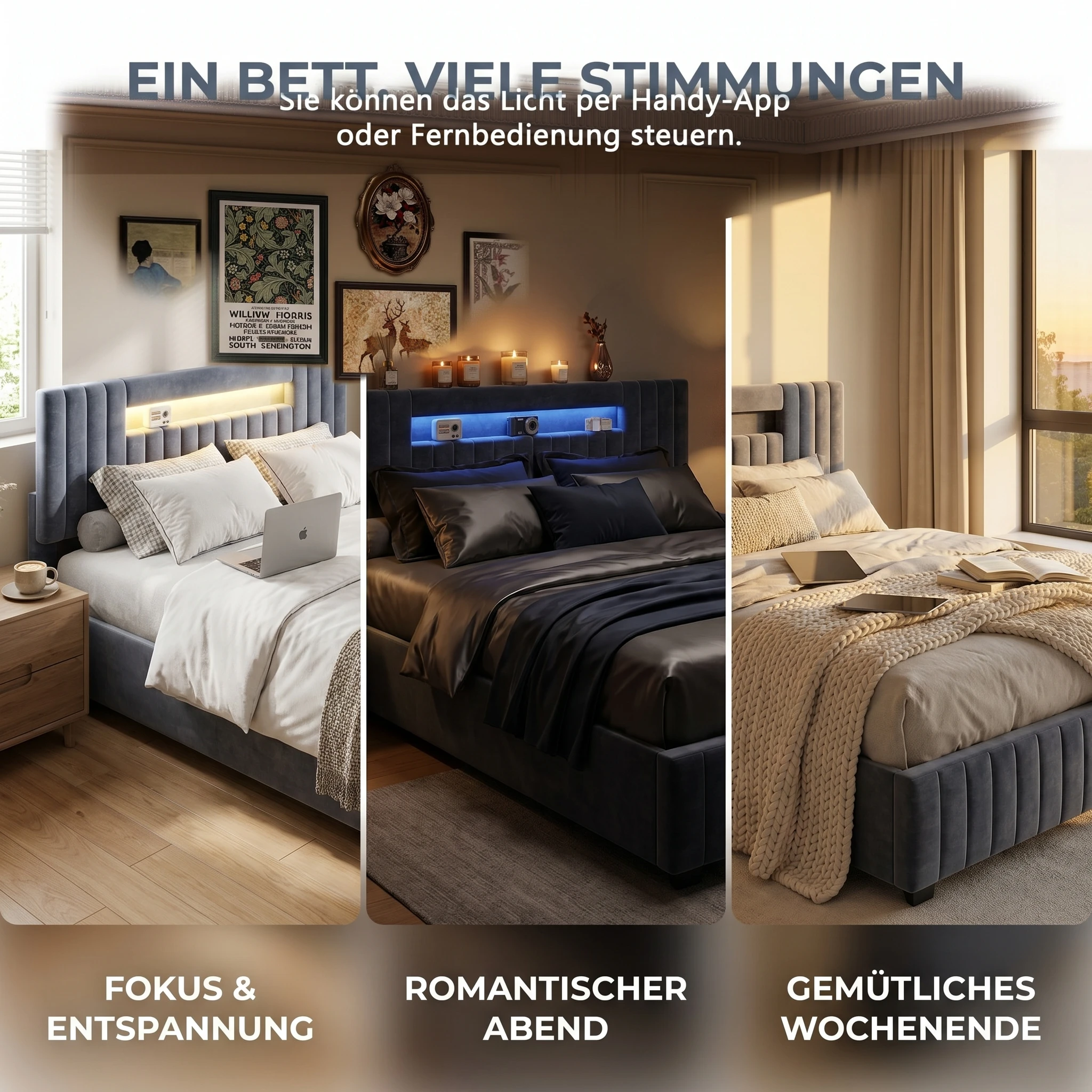 Anajqaqia 140 x 200 cm großes Polsterbett mit LED-Aufbewahrungskopfteil, gepolstertes Bett, hydraulisches Bett, Kastenbett, Funktionsbett, Samt, Grau – Detail 7