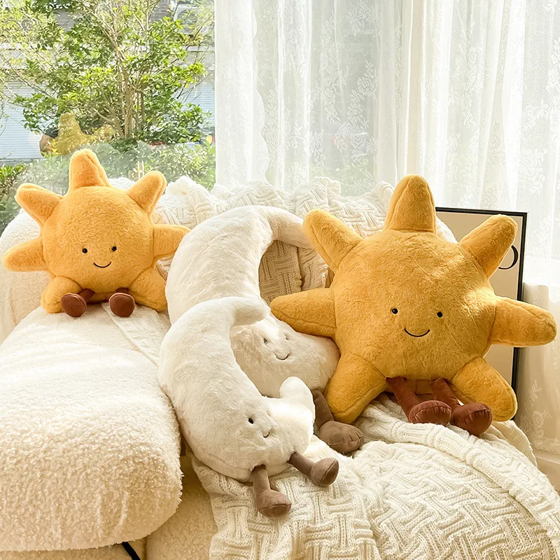 

Adorable Smile Face White Moon Yellow Sun Plushie Stuffed Cute Cartoon Weather Plush Toy for Kid Bedroom Decor Sofa Throw Pillow