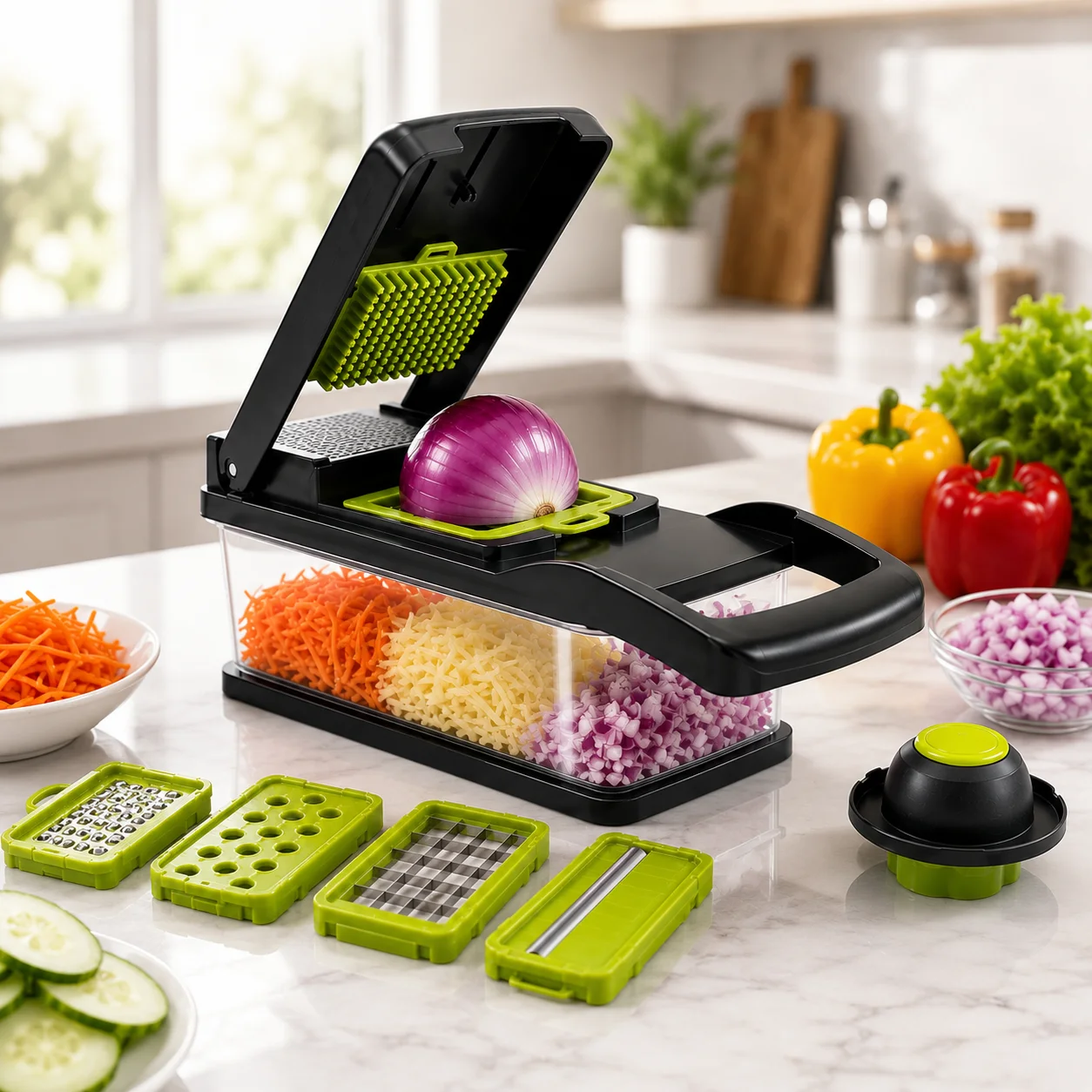 Premium Stainless Steel Vegetable Grater With Four Interchangeable Blades For Slicing, Shredding, And Julienning