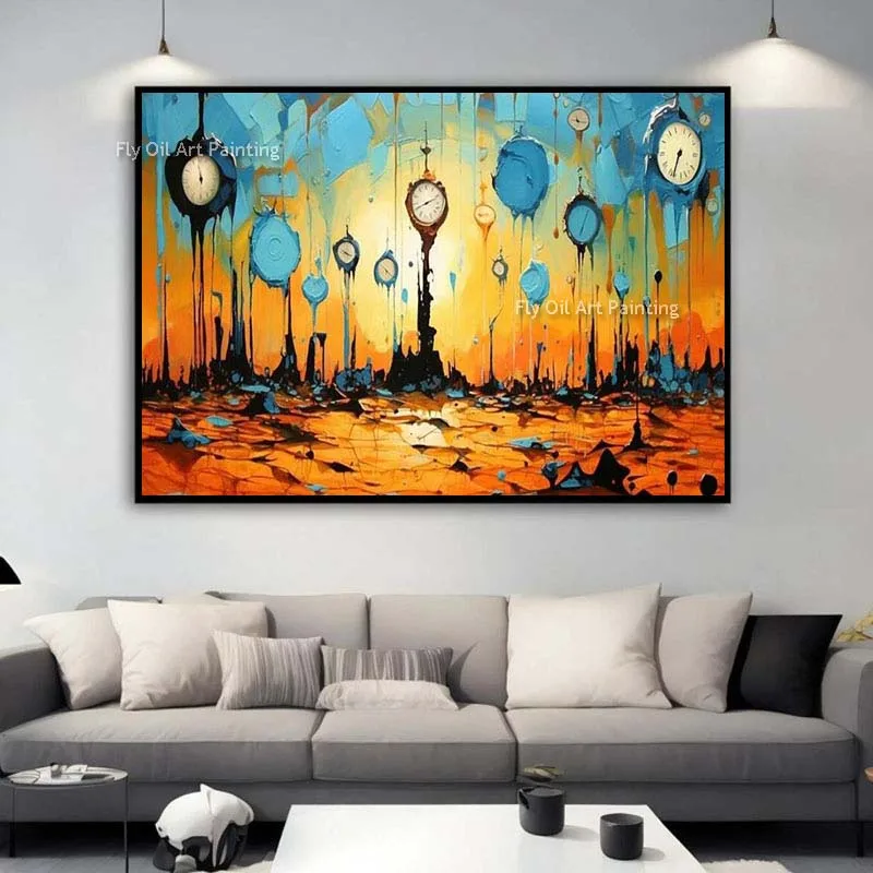 Surreal Clocks Wall Art Creative Clock Oil Painting Hand Painted Abstract Clock Canvas Painting For Home Decor As Best Gift