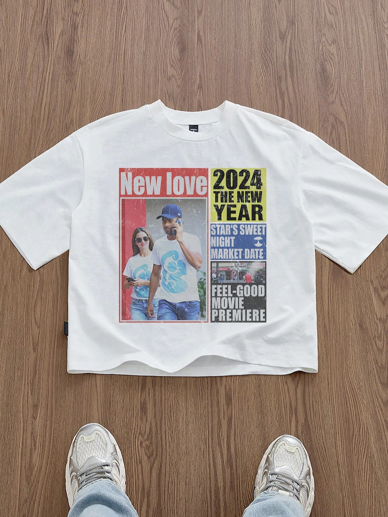 Standard Size Men's Short White Boxy Newspaper Graphic T-Shirt, Summer
