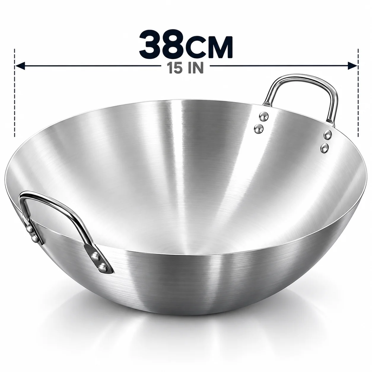 38CM Heavy Duty Stainless Steel Wok, Large Deep Stir Fry Pan with Dual Riveted Handles, Durable Cooking Wok for Stir-Frying, Frying, Boiling & Stewing, Home Kitchen Cookware