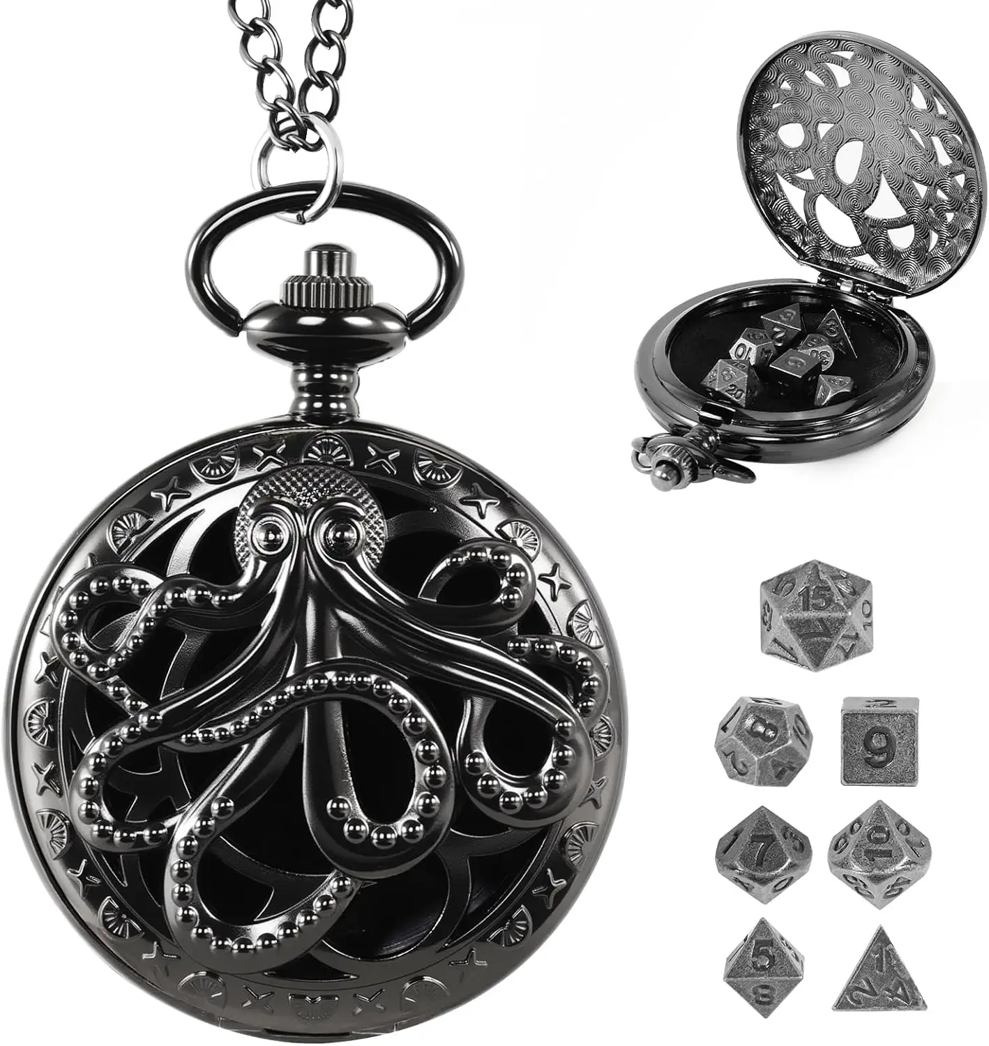 Mini DND Dice Set With Steampunk Hollow Octopus Pocket Watch Shell Case, 7pcs Polyhedral Metal Dice Set, D&D Gifts With Gift Box, Role Playing Board Games Accessories, Black
