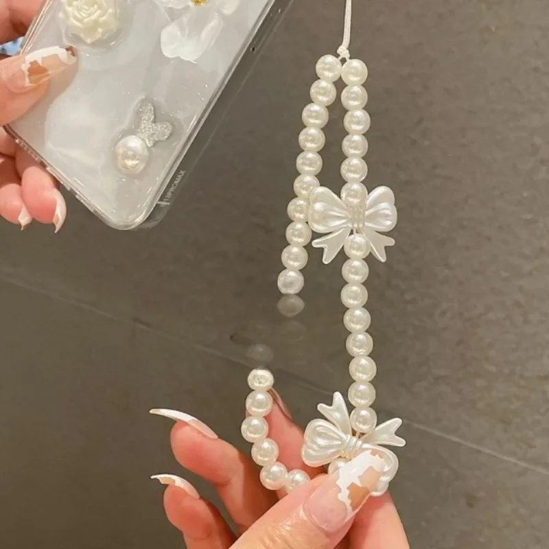 1szt Akrylowy łańcuszek do telefonu komórkowego DIY Ręcznie robione perłowe serce Bowknot Bear Beads dla kobiet Dziewczyny Urok Telefon Smycz Wisząca Lina — zdjęcie 2