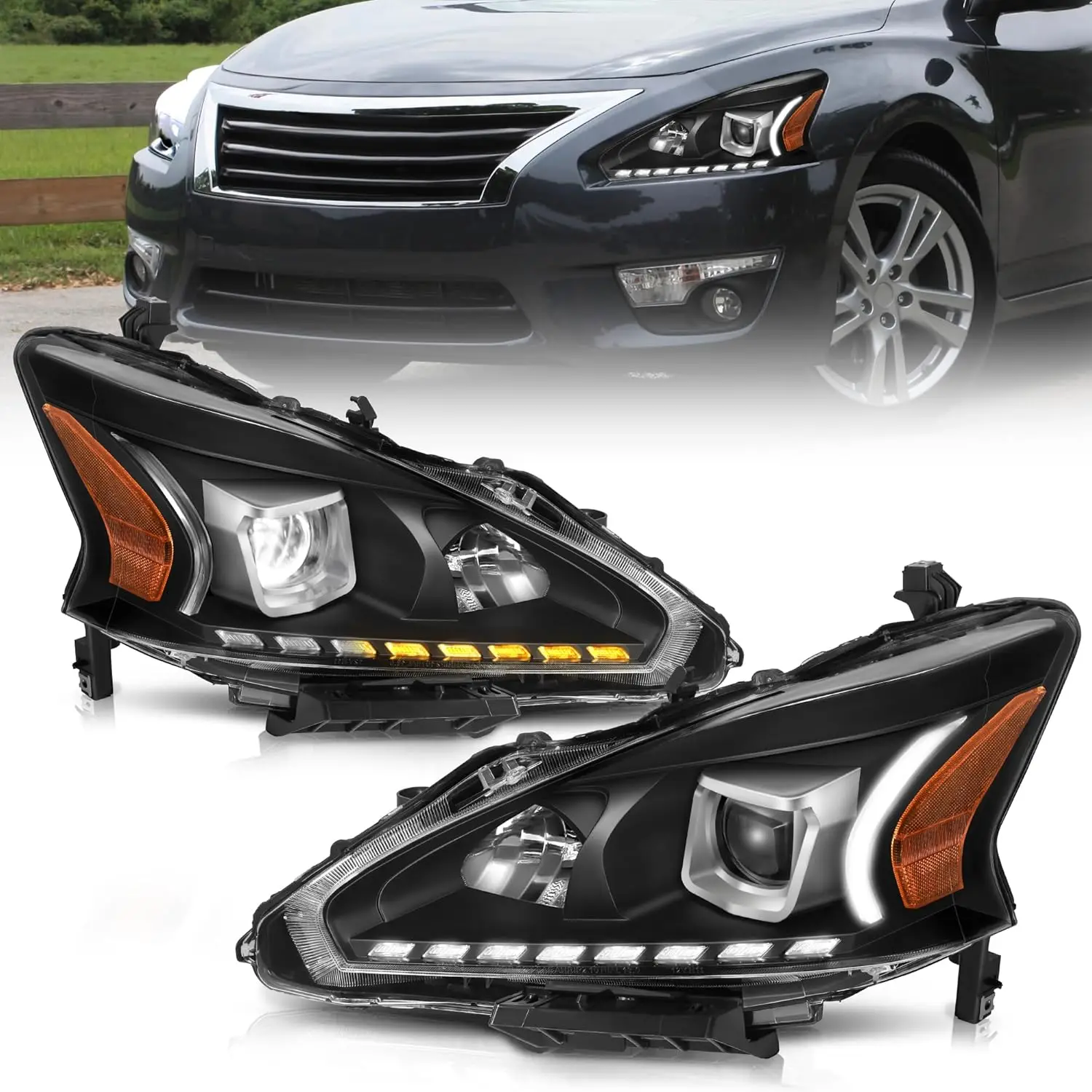 

500% Brighter LED Projector Headlight Assembly Fit for 2013-2015 13-15 Altima S/SL/SV-Only Fit 4-Door LED Sequential DRL w/ACC