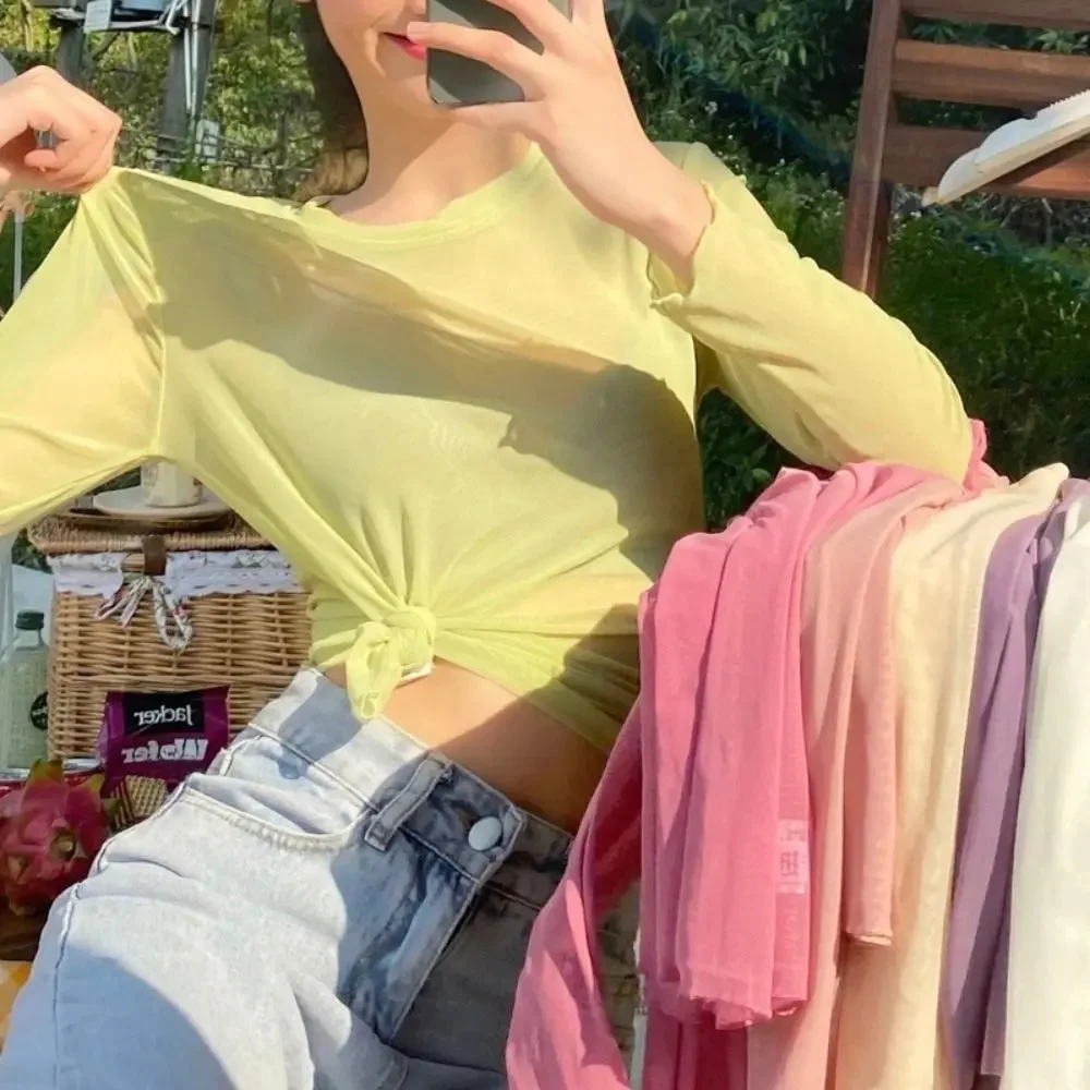 T-shirt à manches longues et col rond pour femmes, haut d'été, chemises à fond, vêtements de protection solaire, document bonbons, coréen