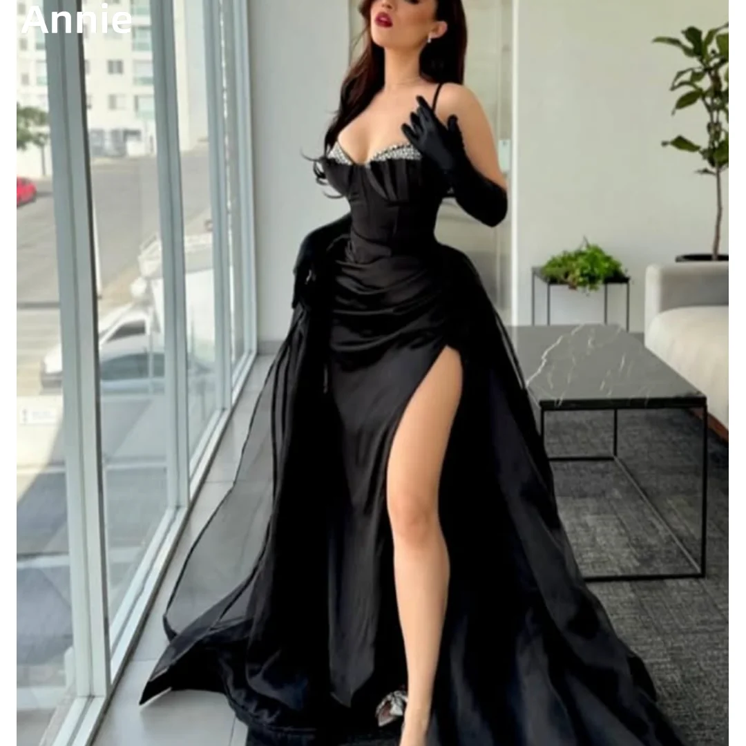 

Annie Black Beaded Spaghetti Straps Prom Dresses Satin Luxury Evening Dresses Sexy Side Slit Wedding Party Dresses