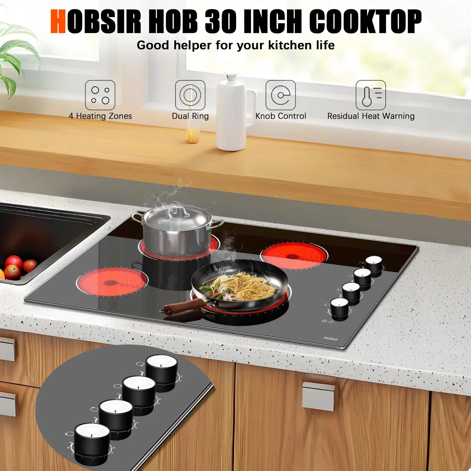 موقد كهربائي 30 بوصة، موقد كهربائي مشع مدمج مع 4 شعلات، موقد بإطار معدني للحماية الزجاجية، 6700 وات