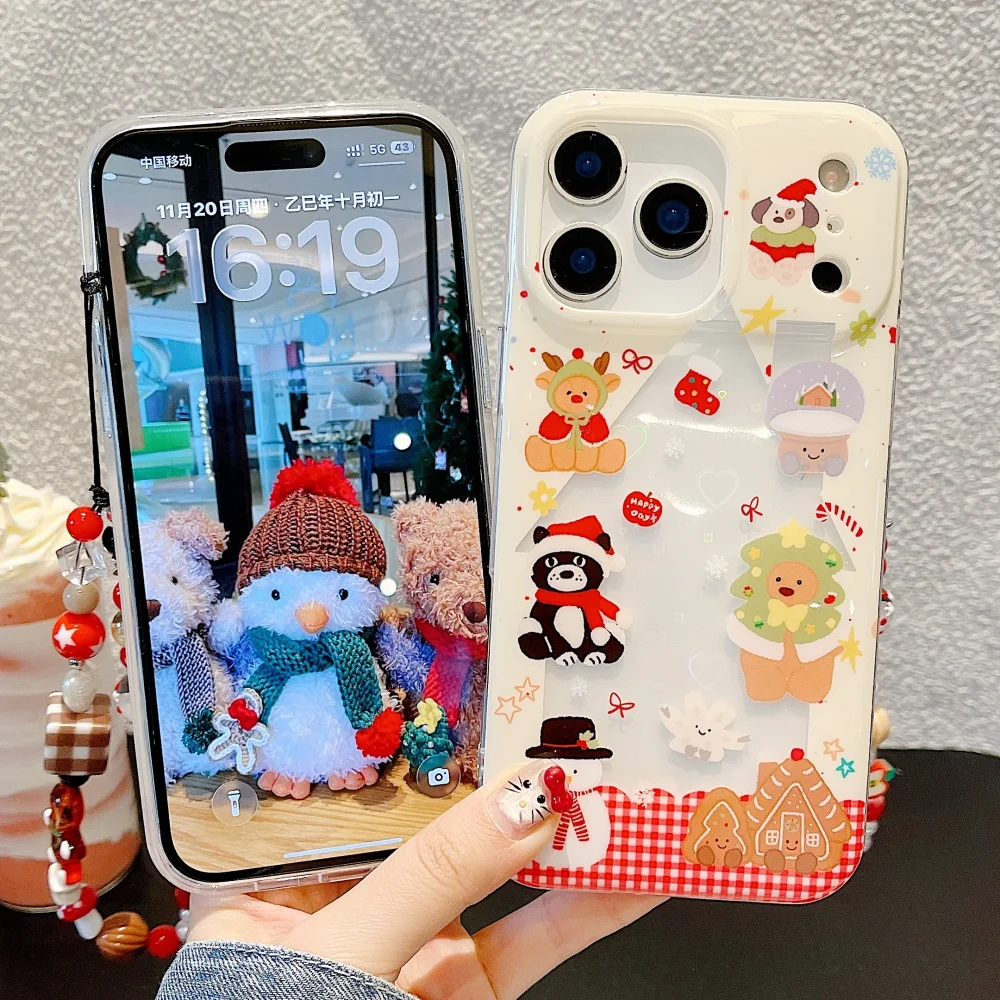 Funda navideña para teléfono móvil con animales de dibujos animados, adecuada para iPhone 14/15/16/17 Pro Max, funda protectora coreana a prueba de golpes