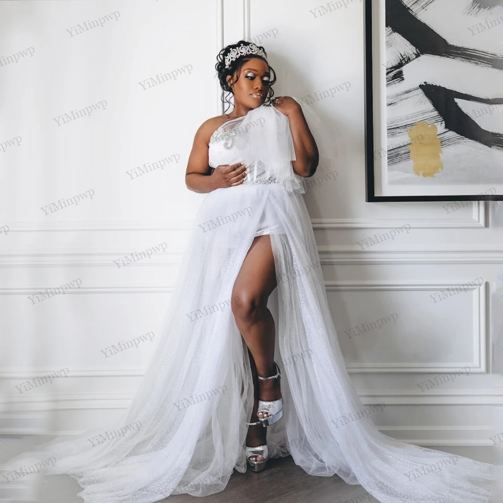 

YiMinpwp African White Bride Robes 2023 Side Split Sash Neck Beading Tulle Wedding Gowns Bridal Shower Dresses robe de mariée