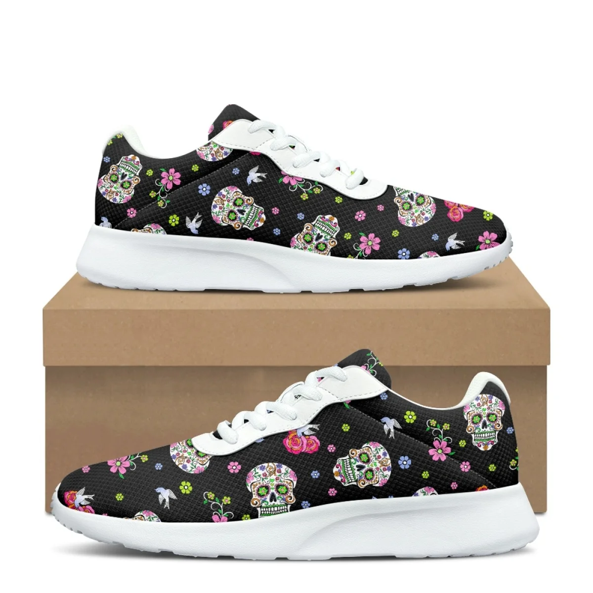 Skull Flower Bird Print Women's Casual Durable Running Shoe Cozy Lace-Up Flats Gym Teen Sneakers Print On Demand tenis masculino