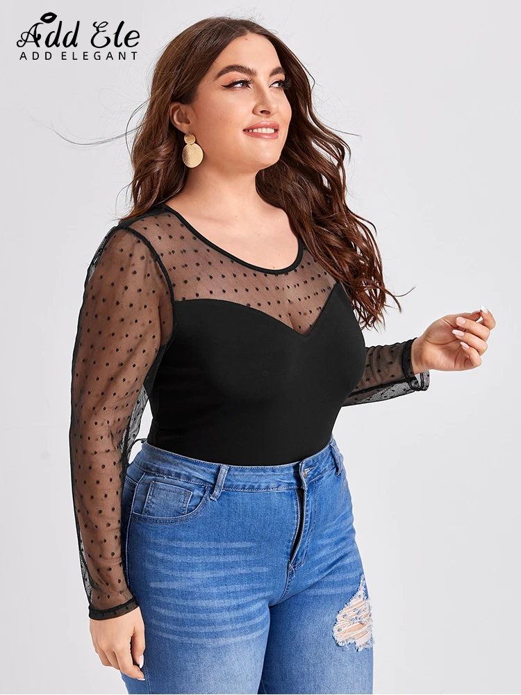 Add Elegant Plus Size 2022 Autumn Bodysuits Triangle for Women Solid Casual O Neck Long Sleeve Paneled Dot Lace Clothing E068