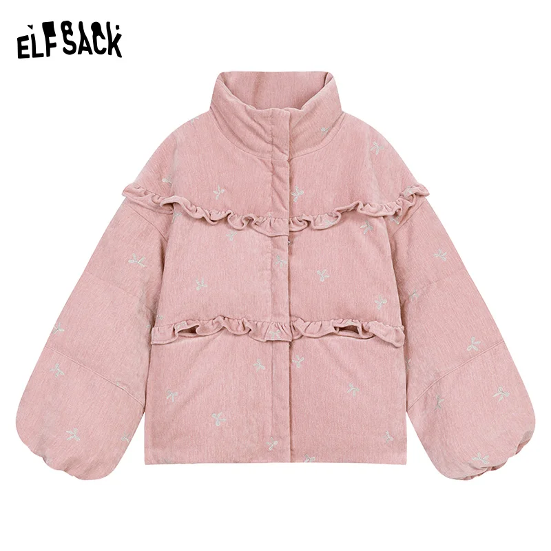 ELFSACK 2024 Winter New Arrivals Bow embroidery down jacket for women, sweet and cute warm velvet cloth thick warm coat