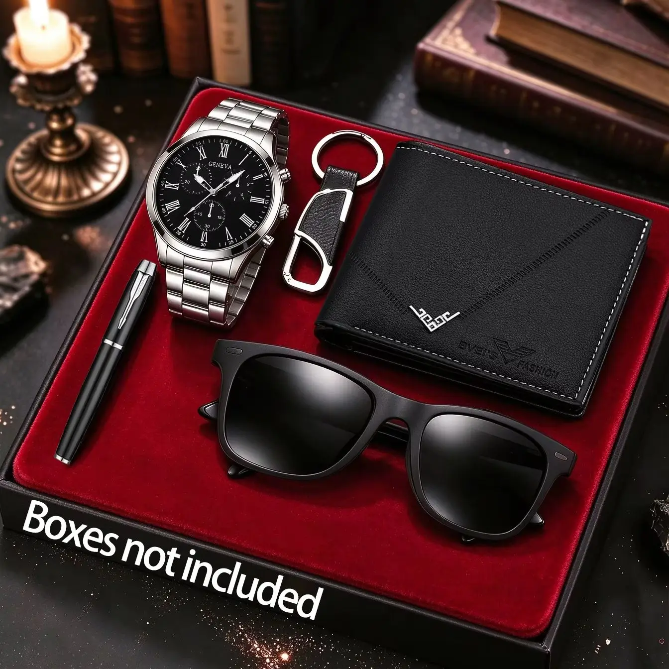 5-Piece Set of Men's Fashionable Casual Roman Numeral Quartz Watches with a Matching Set of Accessories Including Wallets, Glasses, Etc., Suitable for Parties, Birthdays, and Other Occasions, the Best Gift Choice.