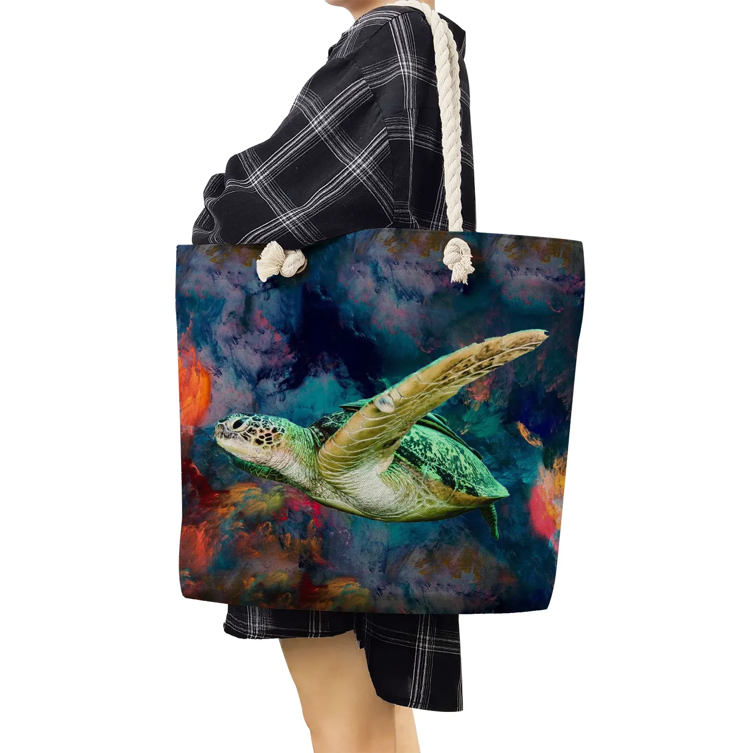 Turtle Whale Print Handbags Casual Large Capacity Shoulder Travel Beach Bag Ocean Series Foldable Women Groceries Shopping Bags