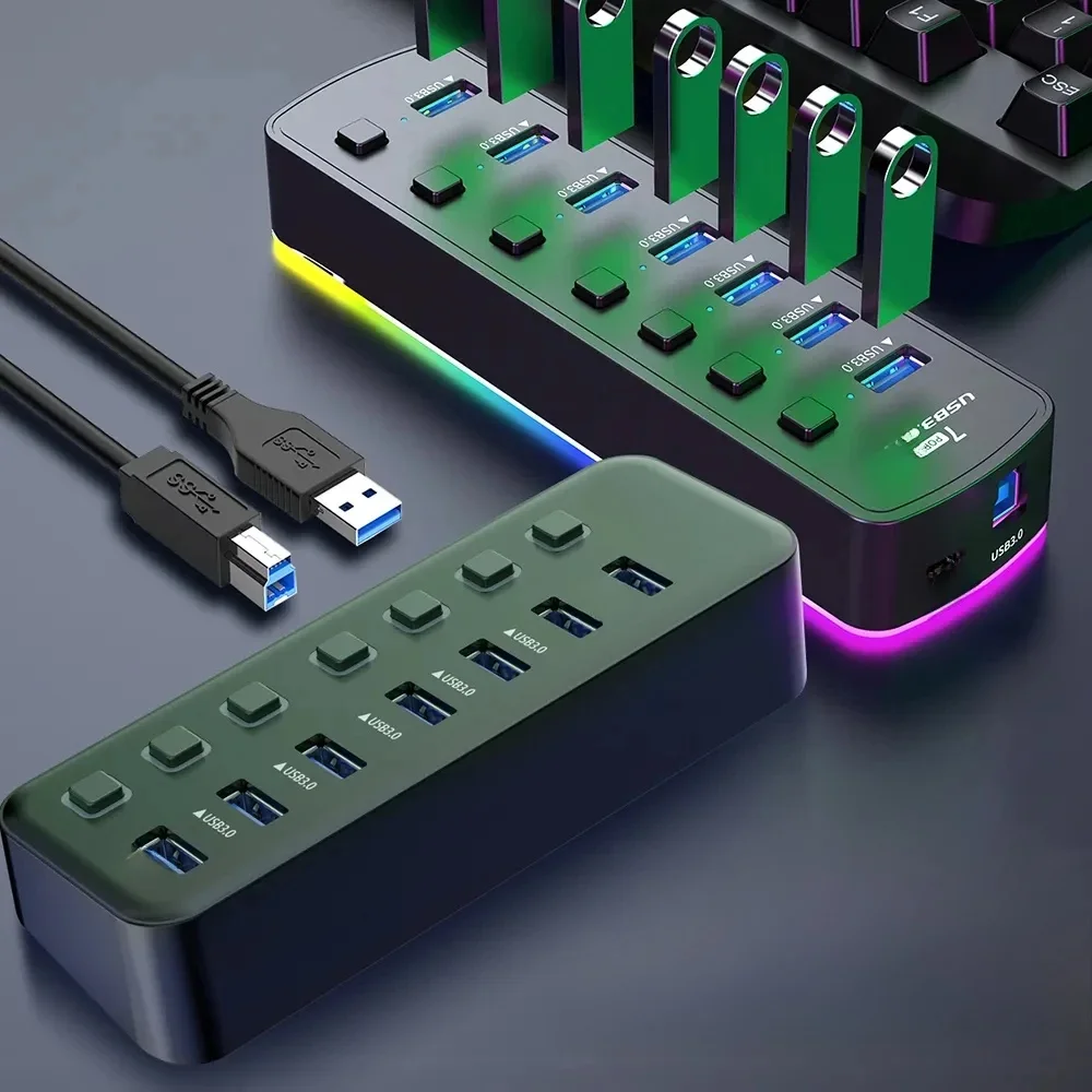 USB 3.0 Hub 4 porty 7 porty USB 3.0 Port danych Adapter 5Gbps High Speed done On/Off przełącznik Splitter rozszerzenie USB — zdjęcie produktu 7
