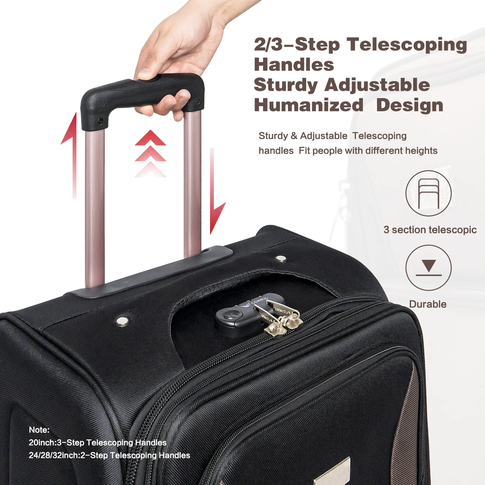 Set da 4 pezzi espandibile per bagagli Softshell – Set da viaggio per valigia leggera Softside da 20'' 24'' 28'' 32'' con borsone, spinner