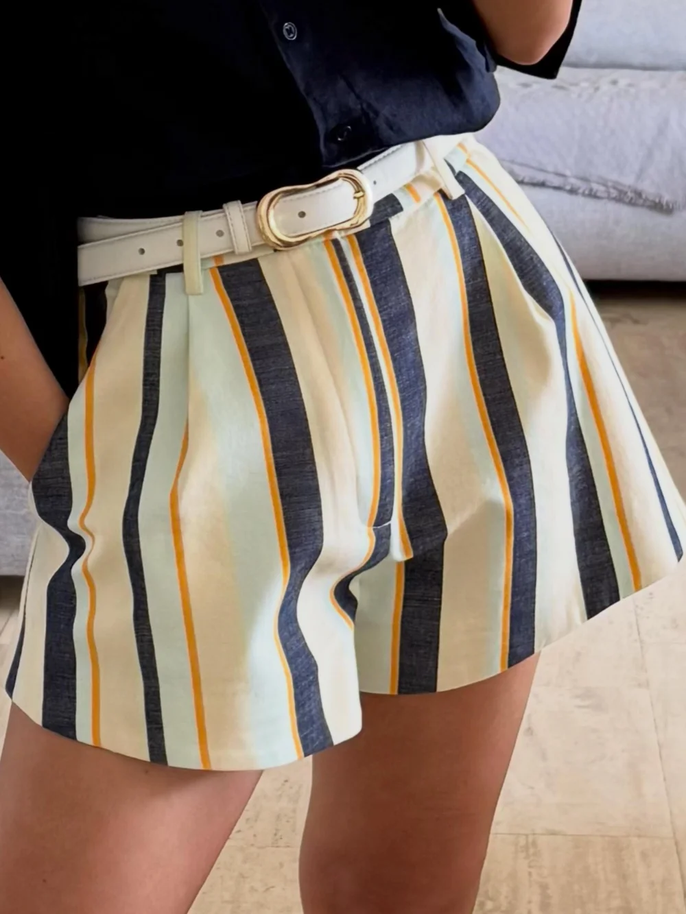 Women High Waist Shorts Summer Casual Striped Solid A Line Shorts Front Split Pleated Loose Mini Shorts Wide Leg Pants Short