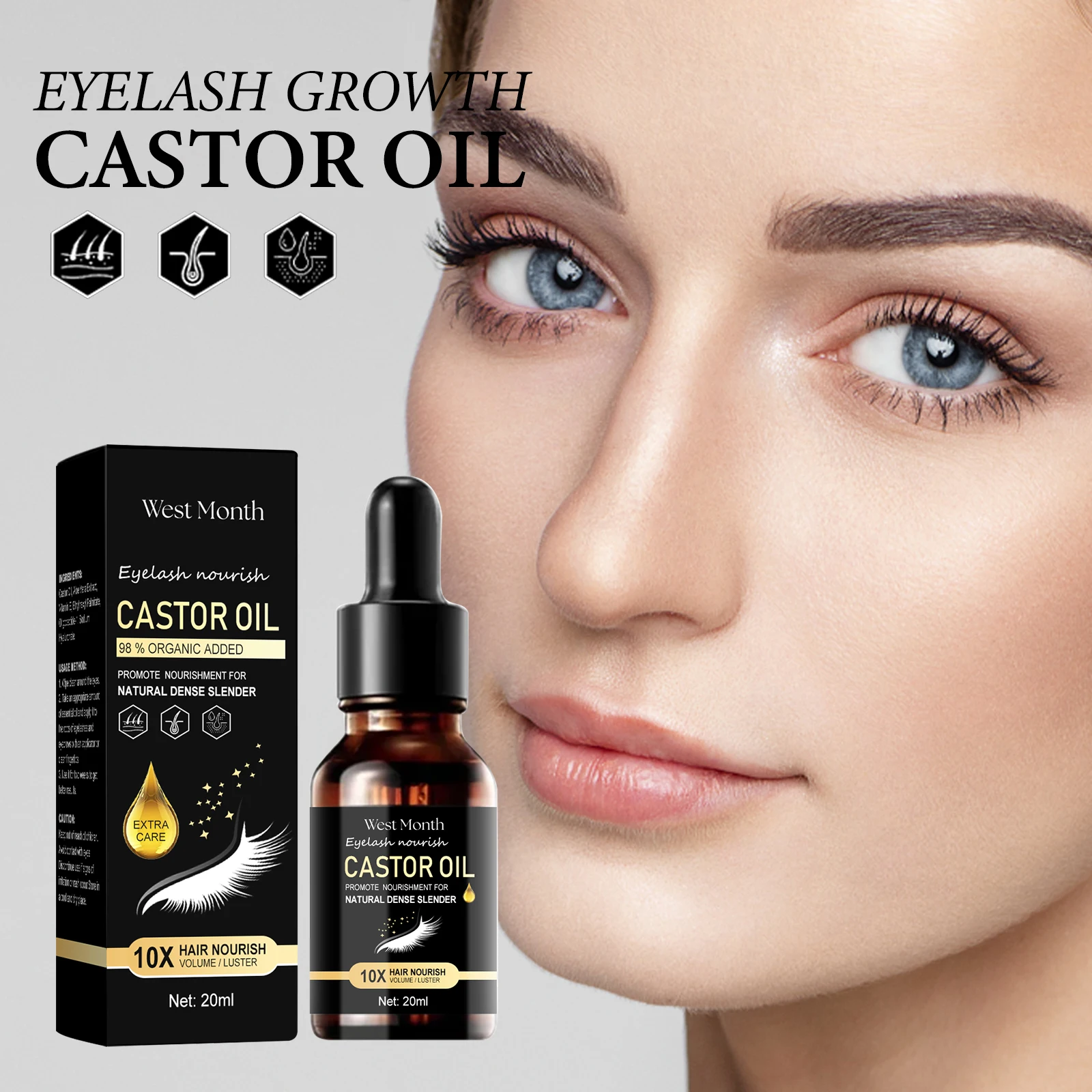 West&Month 20 ml Rizinusöl-Wimpernwachstumsserum, natürliches Wimpernverstärkungs-Serum für dickeres, voluminöses Augenbrauen-Verlängerungs-Serum für lockige Wimpern