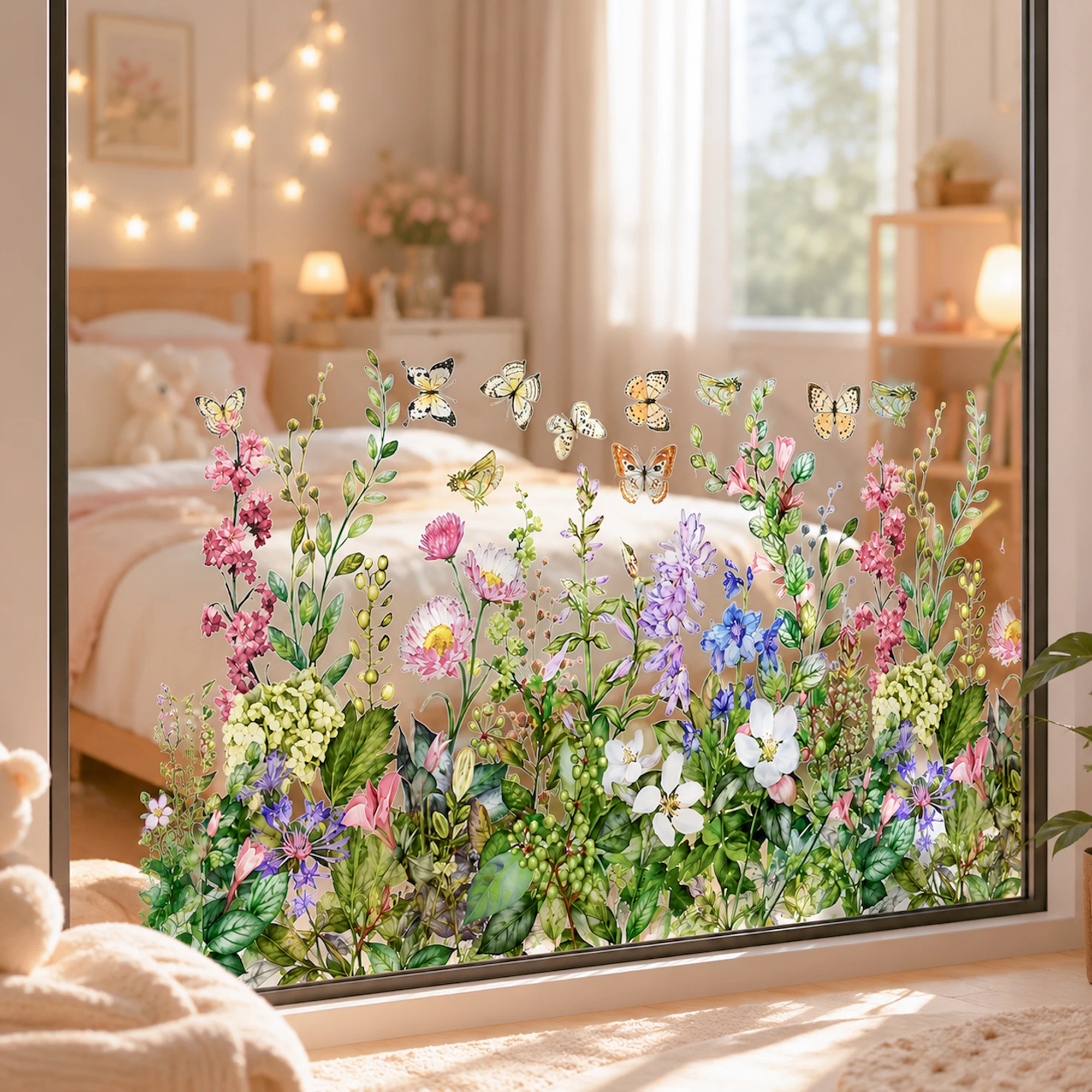 1 Stück 30x60cm Blumen-Fenster-Sichtschutzfolie Glastür Schlafzimmer Badezimmer Abnehmbare Statische Haftfolie Wildblumen Schmetterling Fensterdekoration – Detail 5