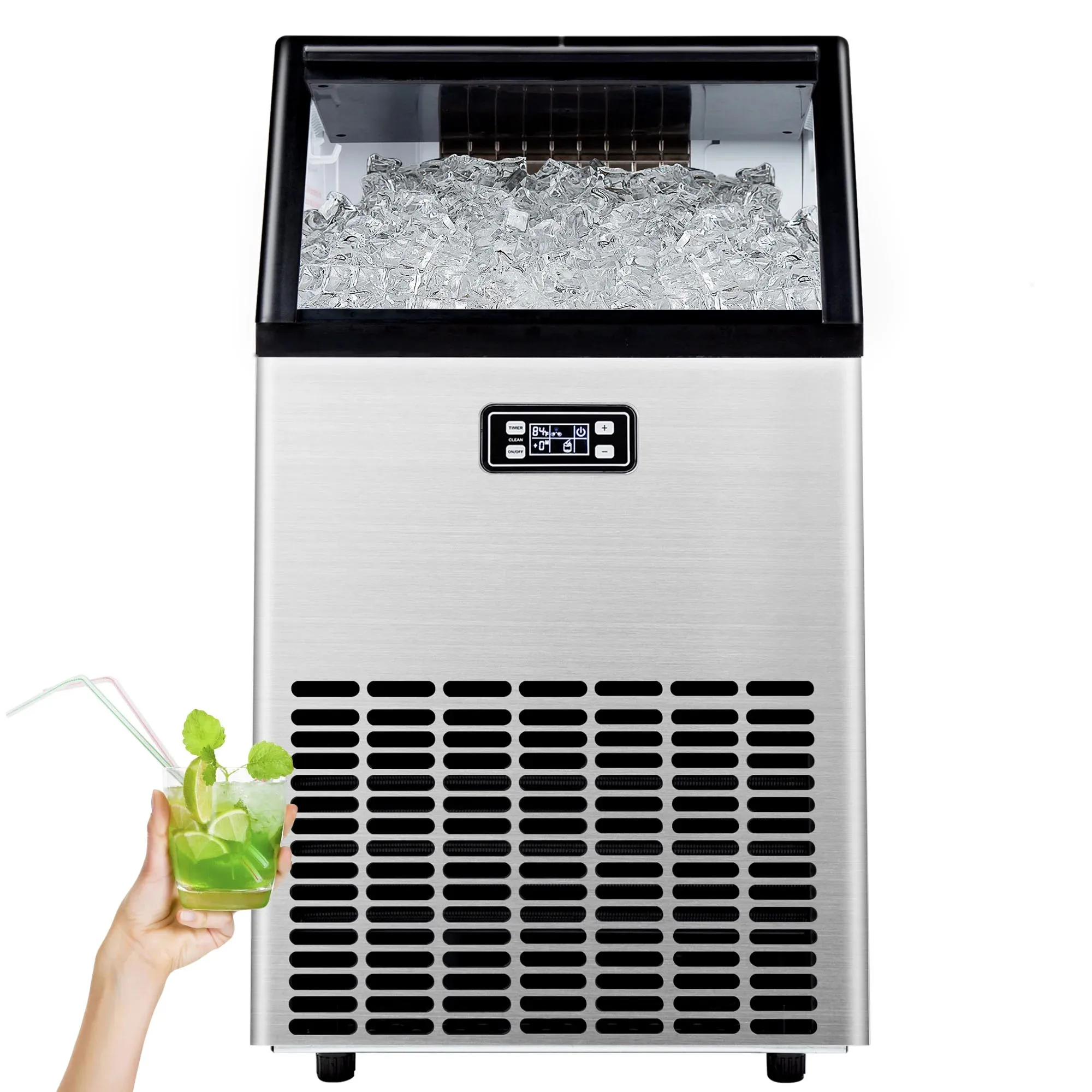 Commercial Ice Maker Machine, 101lbs/24H Stainless Steel Under Counter ice Machine with 32lbs Ice Storage Capacity, Frees