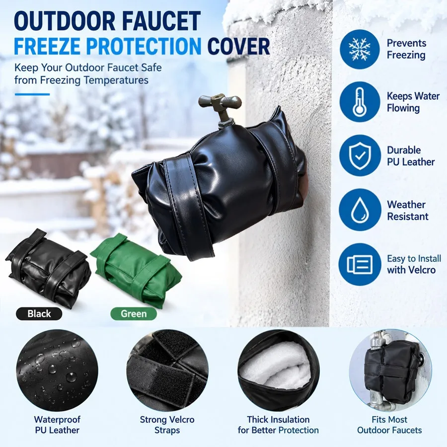 Professional Winter Outdoor PU Leather Faucet Freeze Cover, 2 Material Options Heavy Duty Pipe Insulation, Easy Install - Yard
