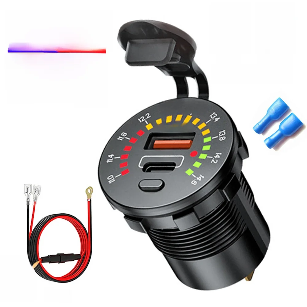 45 W Dual-USB-Ladebuchse mit LED-Voltmeter, EIN/AUS-Schalter, QC3.0, PC Typ C, wasserdichter USB-Steckdose, Schnellladegerät für 12 V/24 V Auto
