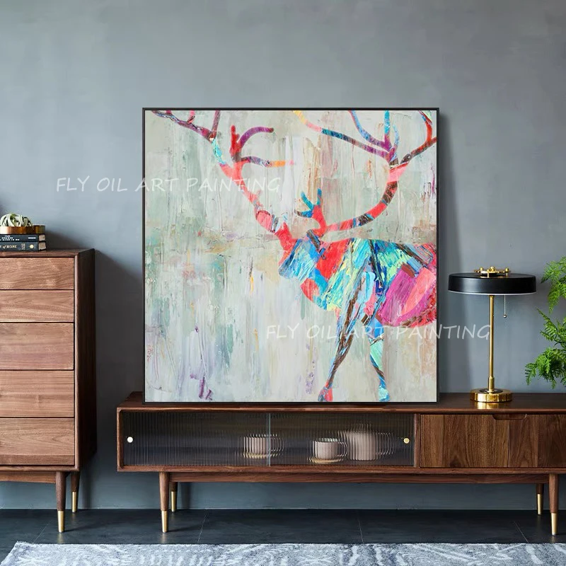 

100% handmade pink deer animal new design canvas oil painting abstract wall art sitting room adornment for home decoration